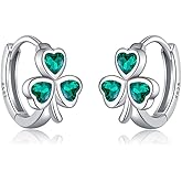 SLUYNZ 925 Sterling Silver CZ Love Clover Hoop Earrings for Women Teen Girls Green Shamrock Huggie Earrings for Summer