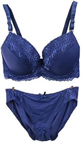 KLJR Womens Floral Lace Breathable Plus Size Bras And Panties Set DarkBlue 38C