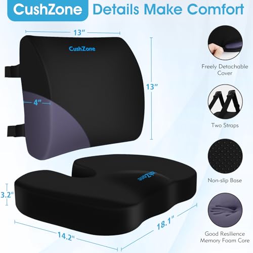 CushZone Seat Cushion,Lumbar Pillow with Adjustable Strap Sciatica Pain Relief with Washable Memory Foam Cover for Car, Travel, Wheelchair, Black