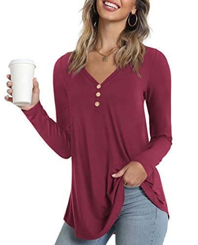 Ninee Camiseta de manga larga para mujer, cuello en V, túnica, con botones sueltos, 04 rojo vino, L