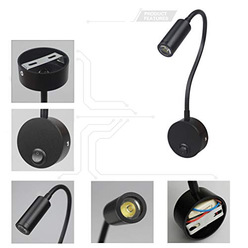 Uonlytech 2 stuks bureau werk LED lamp 3 Watt muur leeslamp met flexibele slang voor slaapkamer lezen badkamer (zwart) - Afbeelding 6