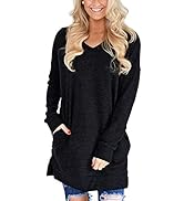 LERUCCI Womens Casual Long Sleeves Solid V-Neck Tunics Shirt Tops with Pockets