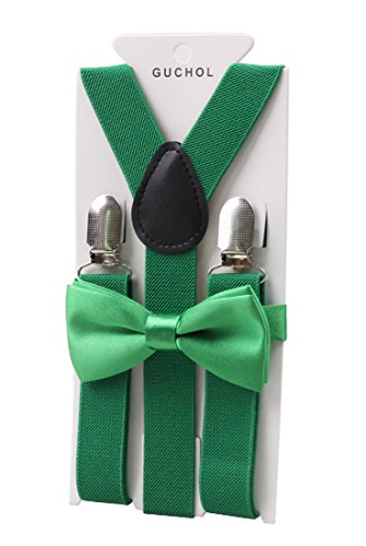 GUCHOL Kids Suspenders Bowtie Set with Adjustable Length Christmas Clothing Accessories for Boys and Girls (Green)