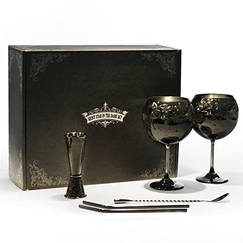 Luxury Gin Glasses, Stainless Steel Cocktail Glasses Set, Gin Making Kit for Gin Lovers, 23 oz, Hand Wash (Black)