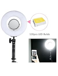 Foco LED de mesa con soporte de escritorio para maquillaje de 8.0 in, regulable, 24 W, 5500 K, luz de belleza circular, espejo de 3.0 in, mini trípode y abrazadera para teléfono, para grabar vídeos en YouTube Vine
