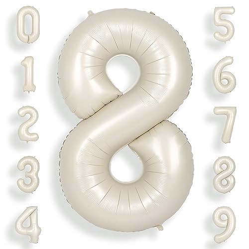 SUWEN 40 Inch Cream White Large 8 Number Balloons Big Foil Helium Number Balloons 0-9 Jumbo Happy 8th Mylar Birthday Party Decorations Anniversary Party Supplies