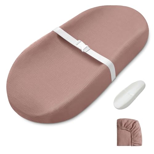 Photo 1 of Blissful Diary Muslin Baby Changing Pad with Waterproof Lining Foam, Diaper Changing Table Pad with Cover for Dressers (Dusty Pink, Avocado)