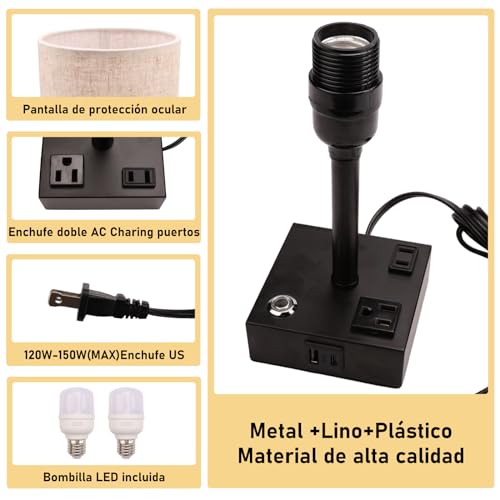 LONGLIV 2 Pcs Lampara de Buró, Lámpara de Mesita de Control Táctil, Lámpara de Mesita de Noche, Brillo de 3 Niveles, con Puerto USB, Puerto Type-C y 2 Toma de Corriente (Bombilla LED Incluida) (2)