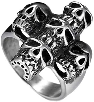 ViewHuge Stainless Steel 5 Skulls Cross Men Biker Ring,Vintage Classic Gothic Ring Band