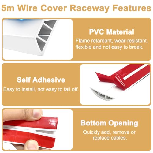 Floor Cord Cover 5m/16.4ft, Self-Adhesive Wire Cover Raceway PVC Cable Concealer with Prevent Tripping, Flexible On-Wall Cable Hider, White Cable Protector Channels Wire Management for TV Home Office