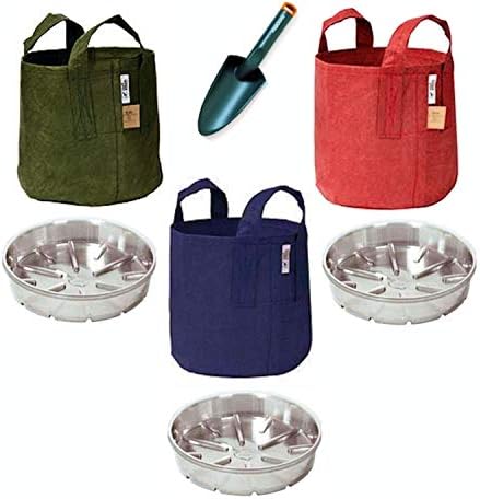 Root Pouch Gardening Plant Containers Set of 3 Fabric Garden Plant Pots in Red, Navy Blue, Green 5 Gallon Each Includes 3 Saucers and Hand Trowel