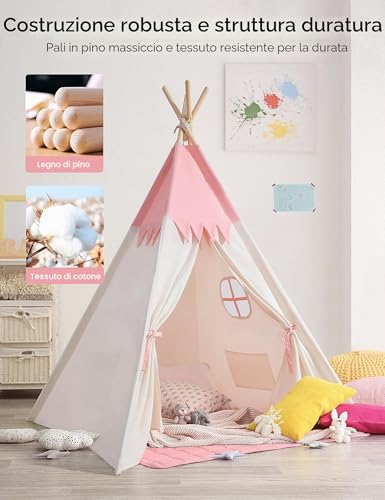 besrey Children's Play Tent Indian Canvas Teepee Cotton with Padded Mat and Fairy Lights (Pink and White)