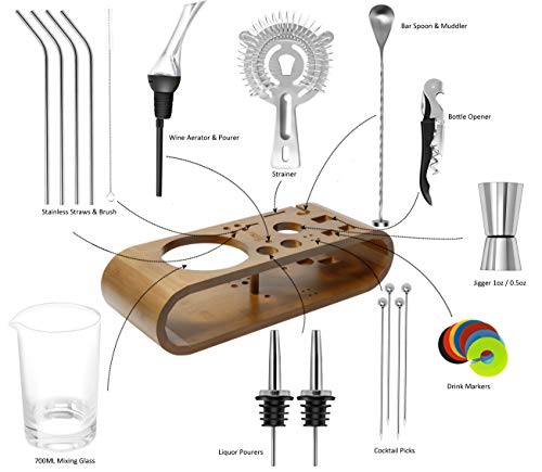 Mixology Bartender Kit 25-Piece Set: Bamboo Base, Mixing Glass 24oz-700ml, Strainer, Bar Spoon & Muddler, Wine Aerator, Straws, Jigger, Liquor Pourers, Garnish Picks, Waiter Corkscrew & Drink Markers