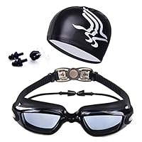 Quero Jom91 Swim Goggles,Swim Cap, Swimming Goggles HD No Leaking Anti Fog UV Protection Connected with Ear Plugs Sets, Free for Nose Clips, Multiple Choices(Black 1)