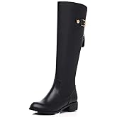 TinaCus Women's Genuine Leather Round Toe Handmade Back Zip Comfort Low Heel Knee High Boots with Buckle