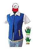 Kids Adult Ash Ketchum Cosplay Costume Jacket Gloves Hat Set Trainer Halloween Hoodie(Jacket+Gloves+Hat)