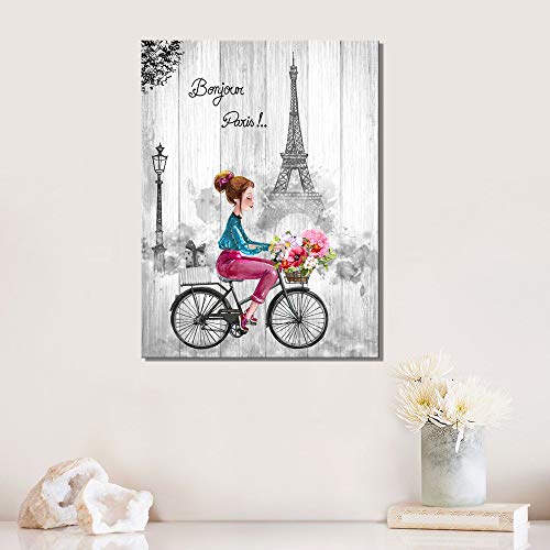 Paris-Canvas-Wall-Art-Black-and-White-Wall-Art-for-Bedroom-Bathroom-Pink-and-Gray-Paris-Theme-for-Teen-Girl-Room-Decor-Eiffel-Tower-Rustic-Painting-Girl-Riding-Bike-with-Flowers-for-Wall-Decor-Gift