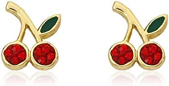 Little Miss Twin Stars Girls Jewelry - 14k Gold-Plated Crystal Cherry Stud Earring - Surgical Steel Post, Hypoallergenic and Nickel Free For Sensitive Skin