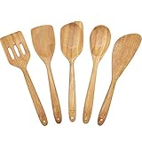 FAAY Wooden Spoons For Cooking - 5 In 1 Nonstick Wooden Kitchen Utensil Set: Spoon, Spatula, Slotted Turner, Scraper, Spoonula - Durable Natural High Moist-Resistant Hardwood And Smooth Polishing