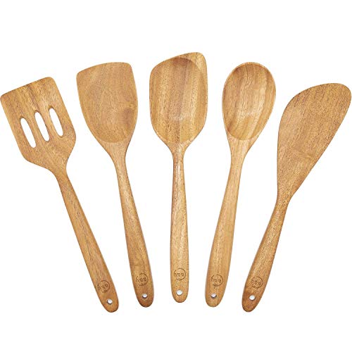 FAAY Wooden Spoons For Cooking - 5 In 1 Nonstick Wooden Kitchen Utensil Set: Spoon, Spatula, Slotted Turner, Scraper, Spoonula - Durable Natural High Moist-Resistant Hardwood And Smooth Polishing