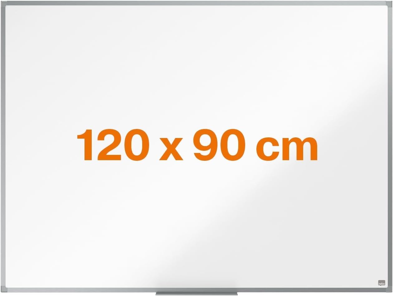 Nobo Steel Magnetic Whiteboard, 1200 x 900mm, Aluminium Trim, Corner Wall Mounting, Includes Whiteboard Pen Tray, Essence Range, 120 x 90cm, White, 1905211