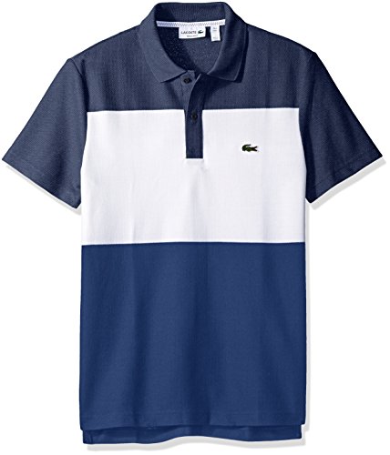 Lacoste Men's Short Sleeve Color Block Textured Pique Polo, Midnight Blue Chine/White/Waterfall Blue, 6