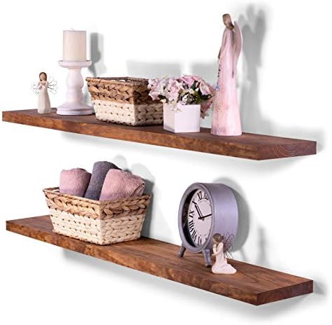 DAKODA LOVE 48" x 8" Clean Edge Solid Wood Floating Shelves | Premium Handmade Quality | Easy Hidden Bracket Wall Mount | Modern Rustic Pine | Set of 2 (Buckskin)