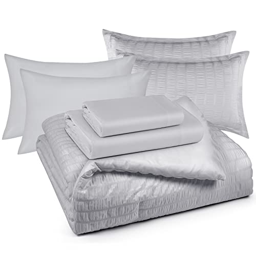 CozyLux King Seersucker Comforter Set with Sheets Light Grey Bed in a