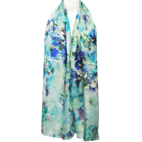 Wrapables Luxurious 100% Charmeuse Silk Long Scarf, Dreamy Blue Flora