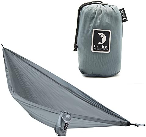 Compact, lightweight, ripstop nylon single-person Adventure Hammock for camping, hiking, and backyard use by Tribe Provisions (Grey)