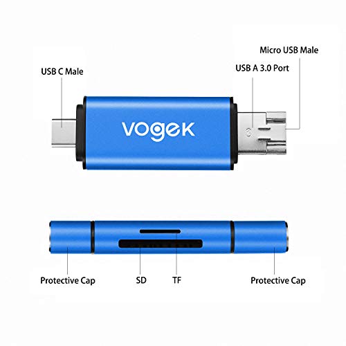 VOGEK SD Card Reader, 3-in-1 USB 3.0 / USB C/Micro USB Card Reader - SD, Micro SD, SDXC, SDHC, Micro SDHC, Micro SDXC Memory Card Reader for MacBook PC Tablets Smartphones - Blue
