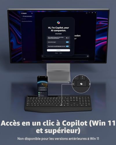 TECURS French AZERTY 2.4 GHz Wireless Keyboard with Wrist Rest, Black | 7 Colors Backlight, Rechargeable, Ergonomic, 2-in-1 USB-A and Type-C Receiver, Quiet, for Windows PC, Office