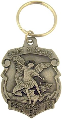 KeyholderPewter Patron of The Military Saint Michael Protect Us Medal Key Chain, 2 Inch