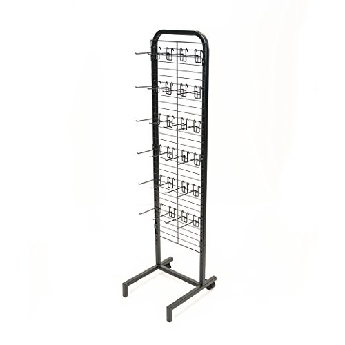 Rich DLXS-16ME-24HK6B Floor Display with Metal Tube Frame, Metal Base with Rear Wheels, Wire Grid Panel, and 24 Removable 6" Hooks. Black Powder Coated Finish