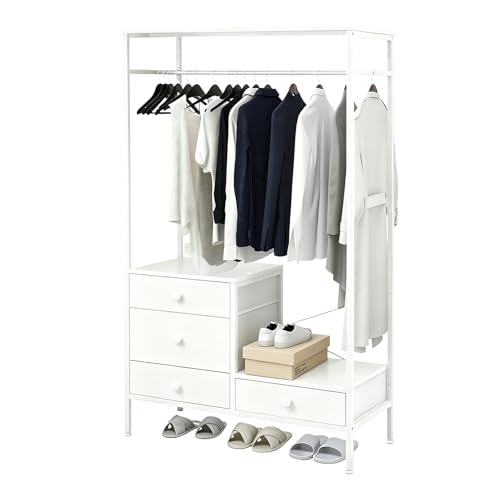STAR BURN Closet Armables Para Ropa, Acero+Madera Tarea Pesada Rack Para Ropa, perchero con 4 cajones, Armario de Acero y Madera con Barra para Colgar, Adecuado para Dormitorios y Lavaderos(Blanco)