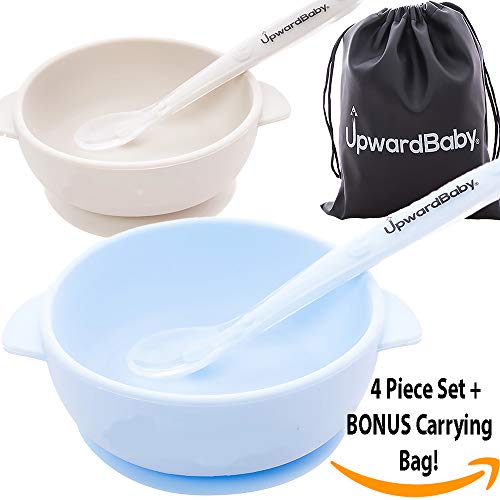5 Piece Silicone Baby Bowls Set with Guaranteed Suction and Spoons| UpwardBaby | Bonus Carrying Bag | for Babies Kids Toddlers | BPA Free | See Video Demonstration