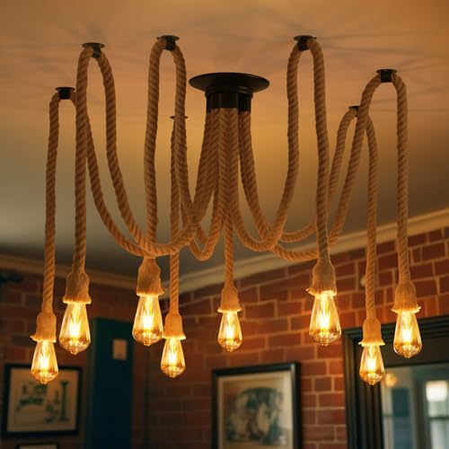 ANWIO Rope Ceiling Lamps, Rustic Ceiling Lamp E27, Rope Ceiling Lamp with 8 Bases, Ideal for Bedroom, Dining Room, Restaurant, Bar, Cafeteria (without Bulbs)