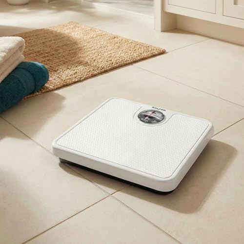 Salter Mechanical Bathroom Scale – Analogue Body Weighing Scale, Classic Fitness Scale, 133kg Capacity, Easy Read Display with Magnifying Lens, Non-Slip Mat, No Batteries Required, White