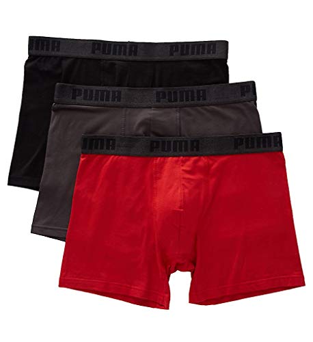 PUMA Men's 3 Pack Performance Cotton Stretch Boxer Brief Underwear (Red/Grey, Medium)