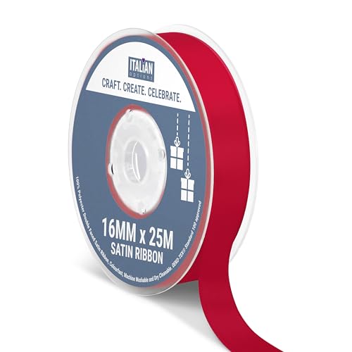 Italian Options Satin Ribbon, Fabric Ribbons for Gift Wrapping, Crafting, Balloons, Wedding Car, Presents, Cake, Christmas, Birthday, Gift Wrap Accessories, 16mm Wide x 25 Metre Roll, Ruby