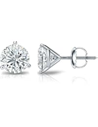 Platinum Round Diamond Stud Earrings (1/4 to 2ct TW, G-H, VS1-VS2) 3-Prong Martini, Screw-Back