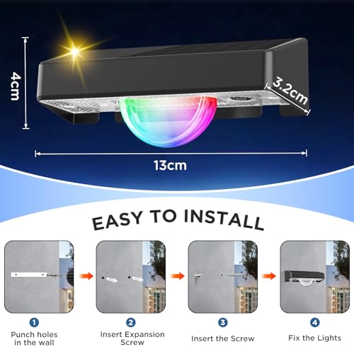 Quntis Set of 4 Outdoor Solar Wall Light with Linear Light Effect, IP44 Solar Outdoor Wall Light, Warm/Cold White Solar Wall Light and RGB Modes for Wall, Fence, Yard, Terrace