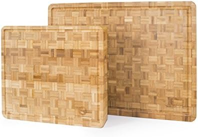 Large and Small Checkered End Grain Bamboo Thick Cutting Board Set with Drip Groove| Professional, Antibacterial Butcher Block | Non-Slip Rubber Feet