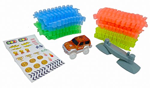 Light Up Twisting Glow In The Dark Race Tracks - Twisting Racing Track With Endless Glowing Track Possibilities - Neon Glow Twisting Tracks - Includes Tracks, Toy Car, Risers, Decals - 164pc Set