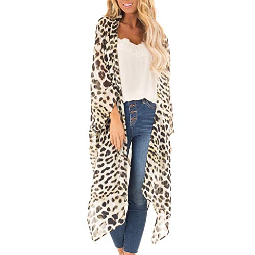 Women Fashion Sexy Short Sleeve Kimono Leopard Print V-Neck Long Cardigan