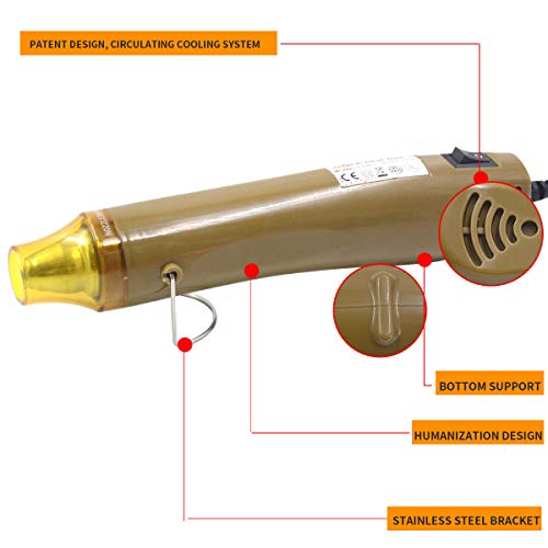 New Heat Gun,mofa Hot Air Gun Tools Shrink Gun with Stand For DIY Embossing And Drying Paint Multi-Purpose Electric Heating Nozzle 300W 110V (Golden,Yellow)