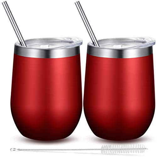 Fungun 12 oz Stemless Wine Tumbler, Stainless Steel Wine Glass, Insulated Tumbler with Lids for Wine, Coffee, Drinks, Cocktails, 2 Sets Including 2 Pieces Straws and Brush (Red) - Thumbnail 7