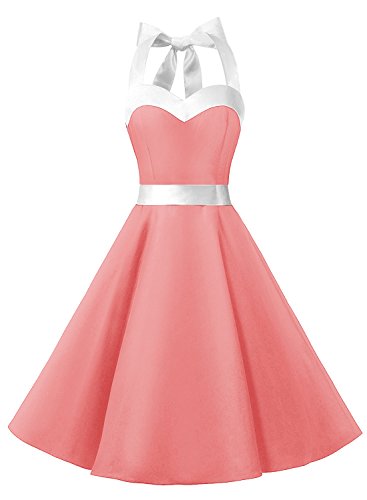 Dresstells Vintage 1950s Rockabilly Polka Dots Audrey Dress Retro Cocktail Dress Coral White XL