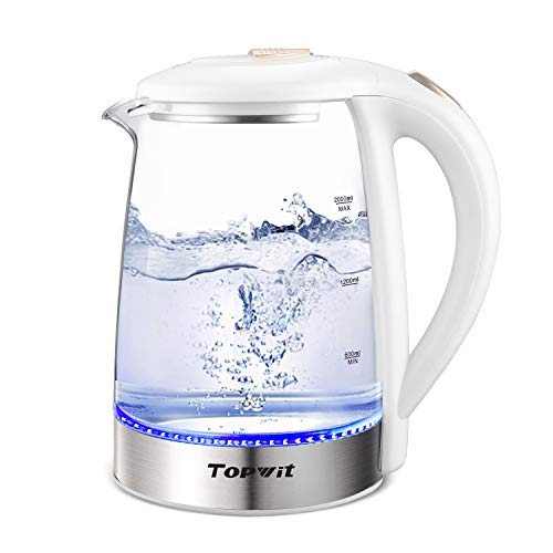 Topwit Electric Kettle Water Heater Boiler, Glass Cordless Tea Kettle 2 Liter with LED Light, Stainless Steel Inner Lid and Bottom, Fast Heating with Auto Shut-Off and Boil Dry Protection, White