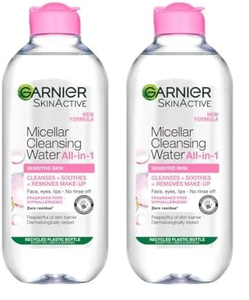 Garnier Micellar Cleansing Water, Gentle face Cleanser & Makeup Remover, Fragrance-Free, Vegan Formula, Suitable For All Skin Types, Even Sensitive, Skin Active, 400ml (Pack of 2)